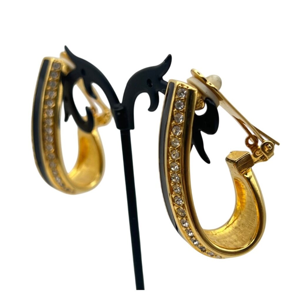 Radiance Gold-Tone Black Enamel Crystal Clip Earrings Bold Designer Style Runway - Picture 10 of 12